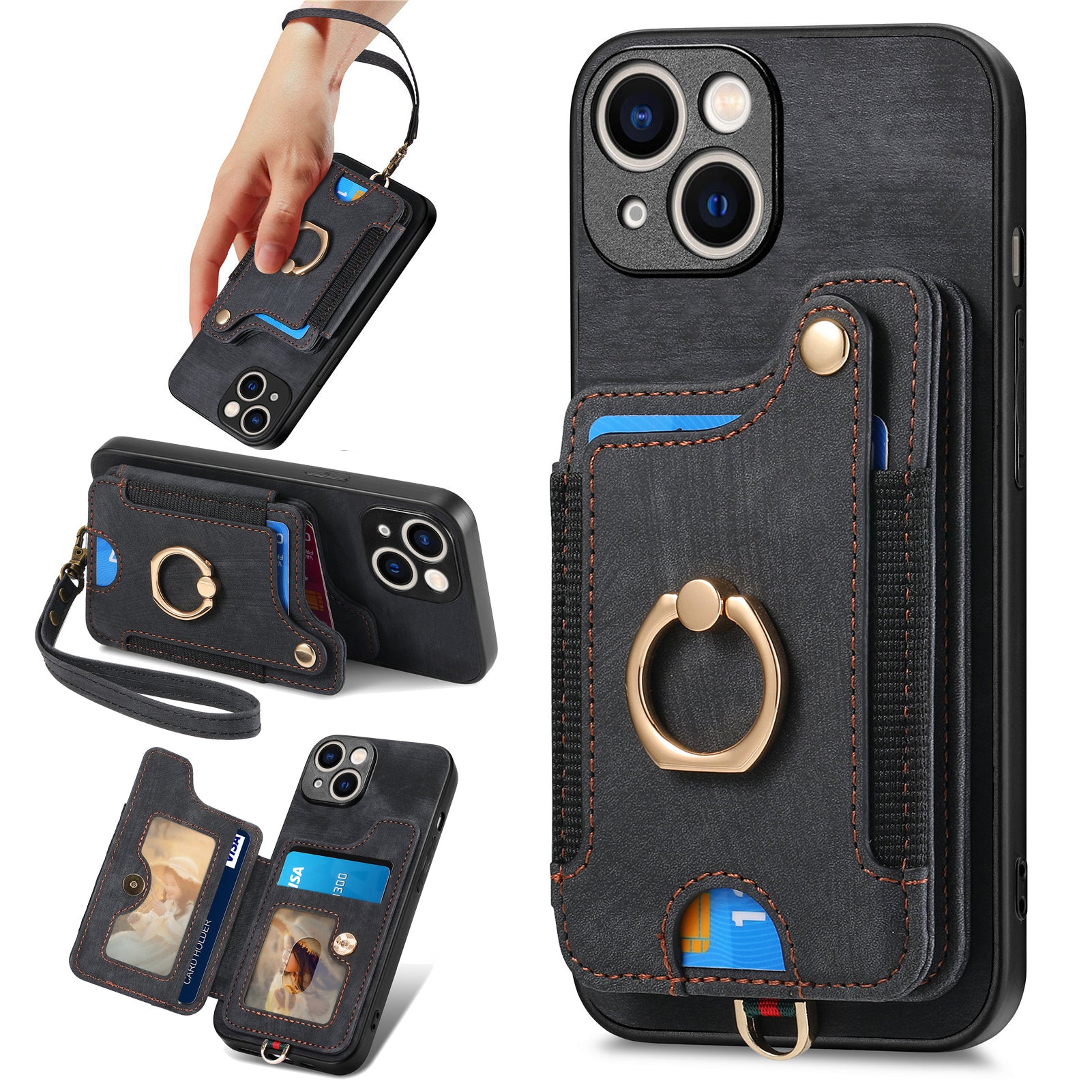 D4 For iPhone 15 Plus Phone Cover RFID Blocking Card Slots Leather+TPU Kickstand Case D4 For iPhone 15 Plus Phone Cover RFID Blocking Card Slots Leather+TPU Kickstand Case